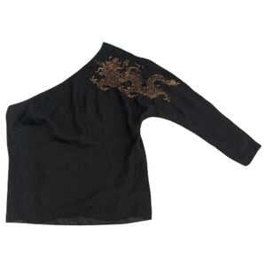 NWT Lauren Ralph Lauren Black Chiffon One Shoulder Blouse Size 12 Beaded Dragon